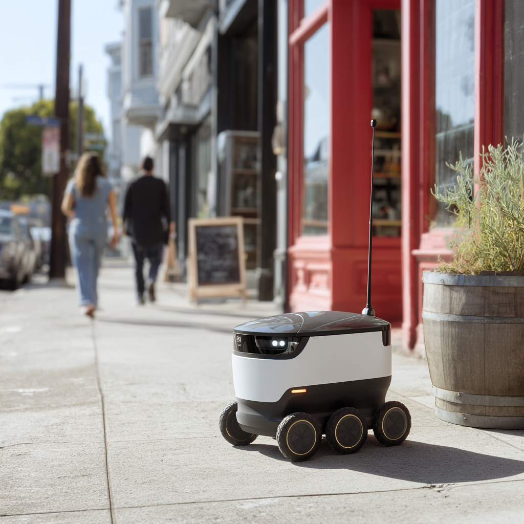 Autonomous delivery robot on city sidewalk