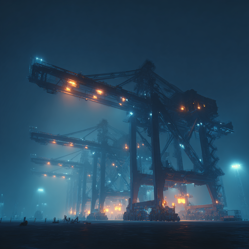 Automated shipping terminal with gantry cranes at night