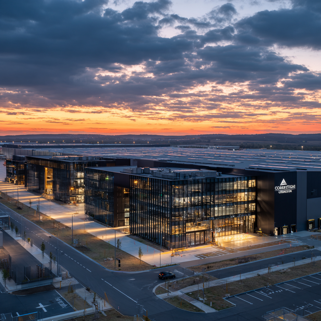 Corporate boardroom overlooking automated logistics port